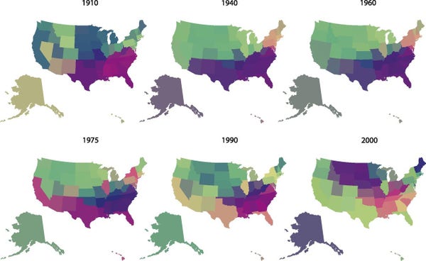 Six maps of the United States from 1910 to the year 2000, where each state is assigned a color based on the overall similarity of baby names compared to other states. We see in 1940 and 1960 a clear clustering between Southern states and Northern states, but by 2000 the clusters have realigned such that coastal and non-coastal states are the main groupings. The 2000 map in particular bears a strong resemblance to the presidential election of that year, with "red states" and "blue states" having distinct patterns of baby names.