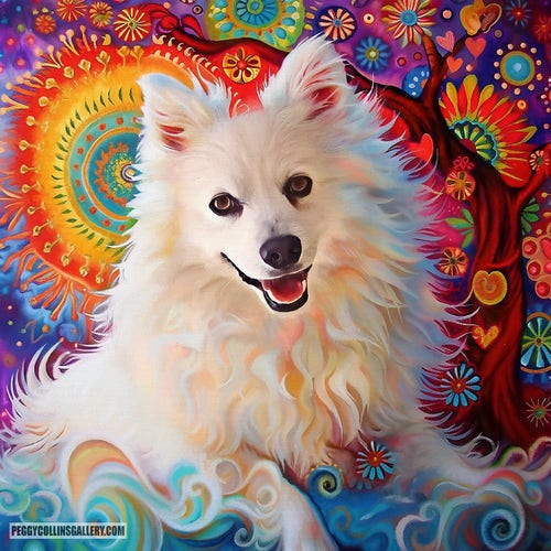 Colorful portrait of an Eskimo dog with vibrant symbolic sun and tree of life in the background, by artist Peggy Collins.