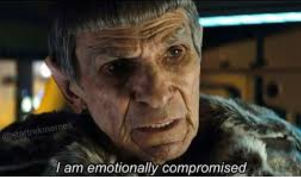 Older Spock in the Star Trek Kelvin universe admitting to young James T. Kirk that he is emotionally compromised.
Focus is on Spock's face alone.