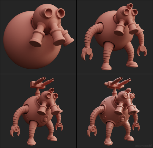 Work-in-progress stages of a 3D robot character design under construction, with a spherical body, a head featuring a triple gas mask, segmented arms and legs, and a double-barrel cannon on his back.
