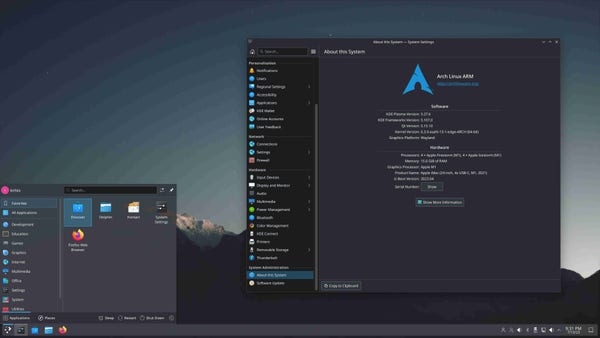 Desktop screenshot of Asahi Linux (depicted as Arch Linux ARM) with the default KDE Plasma 5 Desktop Environment, featuring the Breeze Dark theme.

Image from https://en.wikipedia.org/wiki/File:Arch_Linux_ARM-Asahi_Linux_Desktop_English_07-2023.png