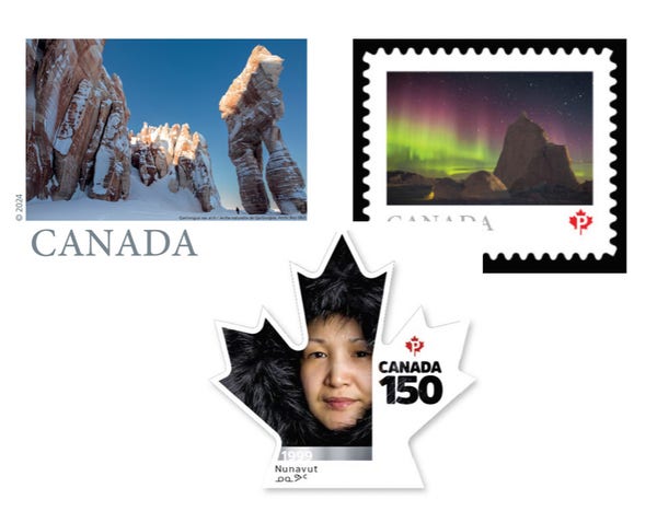 Three stamps. Upper left shows a land formation in the shape of a giant pair of pants. The upper right has an iceberg with an iglu lit from within against the background of green and pink northern lights. The bottom is in the shape of a maple leaf with a portrait of a beautiful Inuk woman wearing a parka trimmed in black fur. The words “Canada 150” written on it. 