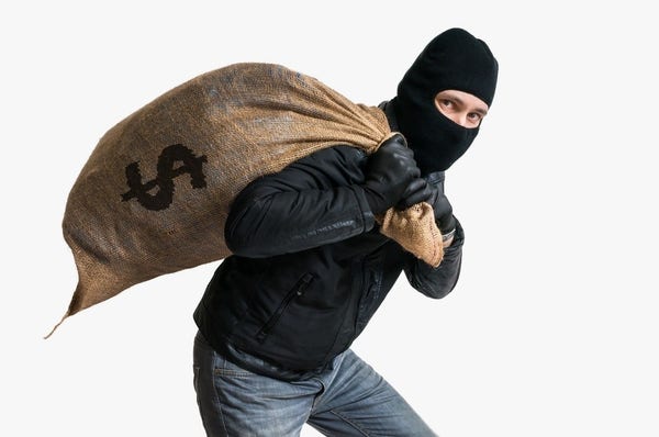 Robber man in a balaclava, carrying a sack with a dollar sign on it. It me. 