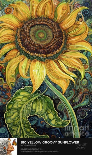 This is a digital art yellow sunflower with a groovy 1970's vibe and an added paisley background in colors of blue and green. 