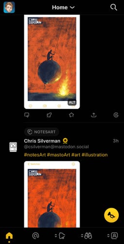 Screenshot of my mastodon timeline in Ivory on an iPhone. You can see two posts, but they both show the same picture from today’s #notesart. The upper one is from Silverman’s pixelfed account, the one on the bottom is from his mastodon account. The colors are slightly different, the latter is a touch more vibrant. 