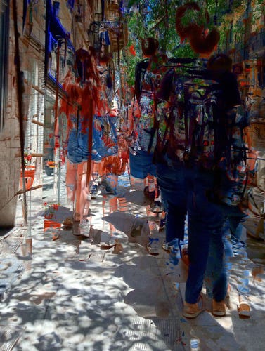 Barcelona digitally edited multiple exposure street photography, made with the GNU Image Manipulation Program.