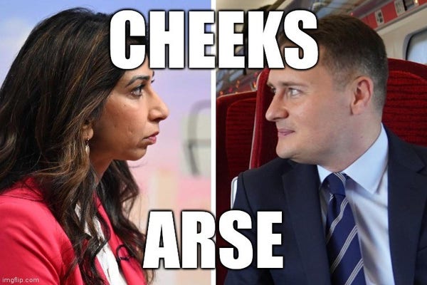 Split image photo of Suella Braverman and Wes Streeting looking at each other. The caption reads Cheeks Arse.