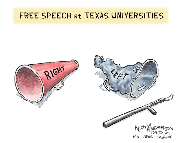 cartoon of two old fashioned megaphones, labeled "Right" and "Left" with the "Left" one bent and broken presumably by a police baton that is on the ground with the two megaphones