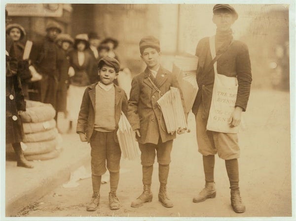 Theodore Librizzi, 8 yrs. old. Dewey Librizzi, 10 yrs. old. Solomon Milkman, 15 yrs. old. Solomon has been selling 4 yrs. His father is dead. Asked how he liked the trade - "It keeps me in school." Taken at 4:15 P.M. Location: Newark, New Jersey.