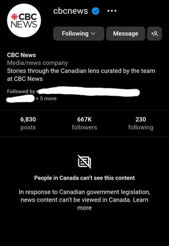 Screenshot of the cbcnews instagram profile where you can't view any of the content because it's hidden from period in Canada