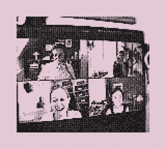 Photo of a zoom call with multiple participants, displayed on a large screen, highly pixelated