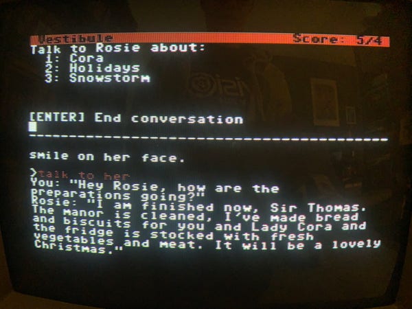 Screenshot showing an interactive dialog:

Talk to Rosie about:
1. Cora
2. Holidays
3. Snowstorm