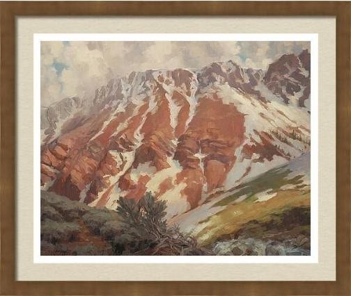 Framed print of an original oil painting by Steve Henderson depicting a snow covered mountain on a spring day.