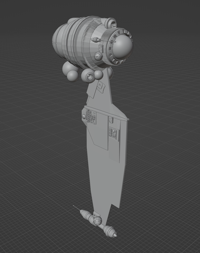 A 3D model of a Weird Field spaceship. WF spaceships exist in the world I created in the book 'Weird Field World'. Spaceships gifted to us by an unknown alien civilisation, based on human-level engineering, but abstract, alien, science. The ship (unfinished) is a capsule at the top, with a bubble cockpit, and a long slender fin protruding downwards. A series of spheres cluster around the body.