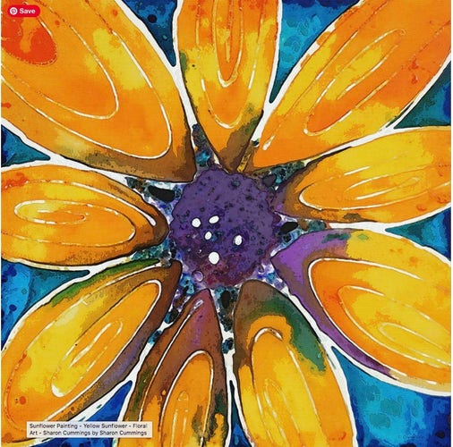 Bright yellow flower with purple center and blue background.  Watercolor by artist and poet Sharon Cummings.  Haiku in post.