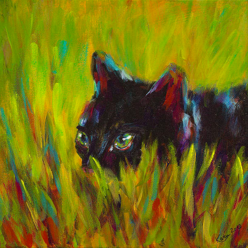 Black cat hiding is an acrylic painting in contemporary square format by artist Karen Kaspar. It shows a black cat hiding in green grass. You can see the head and shoulders of the cat. She is looking to the left side with her green eyes. The painting is painted with loose expressive brushstrokes.
