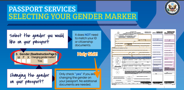 a screenshot from the US State Department web site. I've highlighted part of an infographic that says "Only check 'yes' if you are changing the gender on your passport. No additional documents are needed."