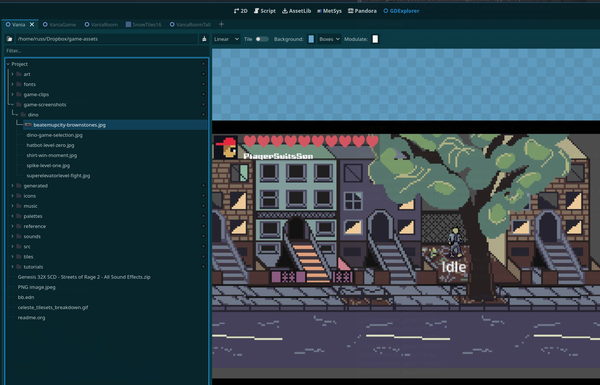 Screenshot of Godot's editor window showing the GDExplorer main screen. we see a game-assets path and folder contents, and a work-in-progress screenshot from Beat Em Up City displayed.