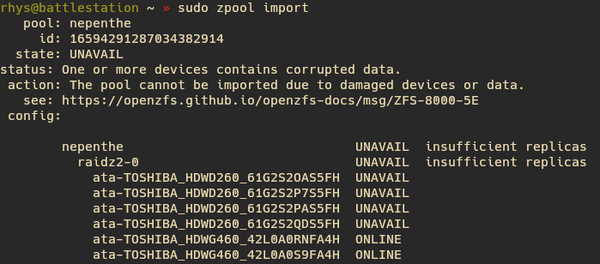 A screenshot of my terminal showing my zpool being unable to mount due to corrupted data and four of my six disks being listed as 'UNAVAIL'.