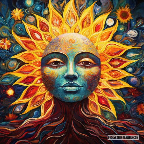 Artwork of a sun goddess, by artist Peggy Collins.