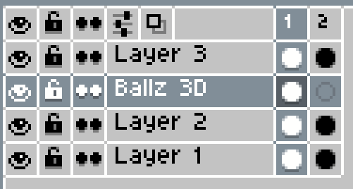 Screenshot of layer list in Aseprite with the following layer names, in order: "Layer 3", "Ballz 3D", "Layer 2", "Layer 1"