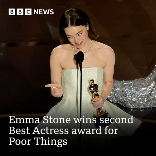 A headline that says "Emma Stone wins second Best Actress award for Poor Things" with a picture of Emma Stone receiving the award