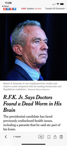 R.F.K. Jr. Says Doctors Found a Dead Worm in His Brain The presidential candidate has faced previously undisclosed health issues, including a parasite that he said ate part of his brain.
