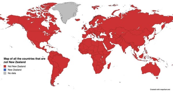 Almost all countries marked in red, for which the legend says “Not New Zealand.” Greenland is gray, which indicates “No data” on the legend. Finally, New Zealand is, of course, missing from the actual map, but according to the legend should be in blue.