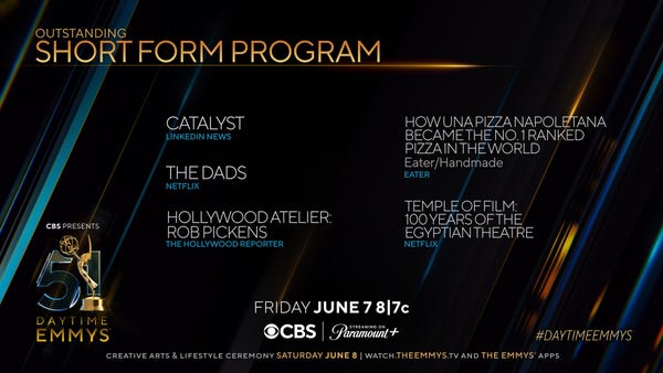 Nominees in the Outstanding Short Form Program category for the 51st Daytime Emmys:

Catalyst, LinkedIn News
The Dads, Netflix
Hollywood Atelier: Rob Pickens, The Hollywood Reporter
How Una Pizza Napoletana Became the No.1 Ranked Pizza in the World, Eater
Temple of Film: 100 Years of the Egyptian Theatre, Netflix