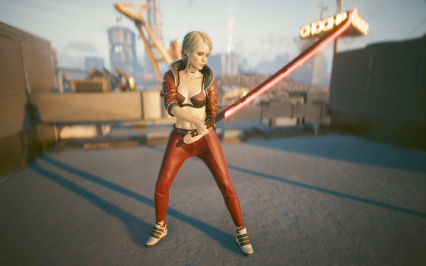 Female V that looks like Ciri from The Witcher 3, sporting burgundy red pants, top and bra, with white and red sneakers. She is holding a Katana, the Errata.