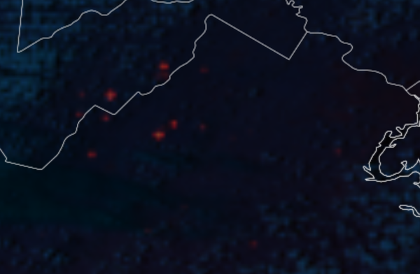 Glowing orange areas on a map of Virginia and Maryland