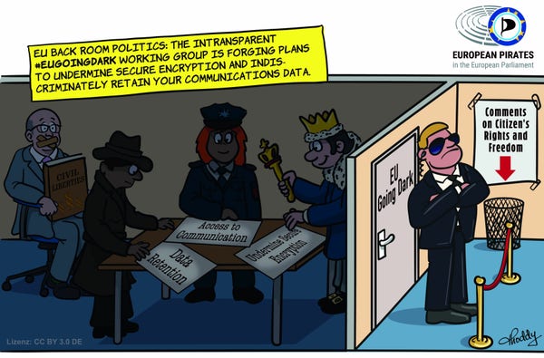 The cartoon's infobox explains: "EU backroom politics: The intransparent #EUGoingDark working group is forging plans to undermine secure encryption and indiscriminately retain your communications."  The cartoon shows a dark back room in which a secret agent, a policewoman and a head of state are standing around a table with three papers on it: Data Retention, Undermining Access to Communications and Encryption. In the corner sits a man with his mouth taped shut, carrying a book containing the rights of freedom. A security guard stands outside the back room. The locked door is labelled EU Going Dark. There is a sign next to the door: Information on fundamental rights and freedom here. An arrow points to a trash bin under the sign.