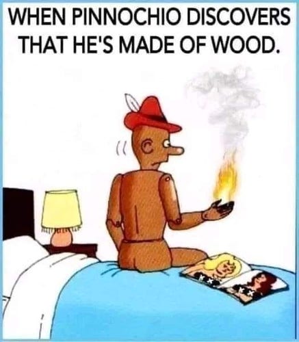 Pinnochio sitting on the edge of a bed with his back turned and face in profile, staring at his right hand, which is on fire. Beside him on the bed is a nudie magazine.

Caption: When Pinnochio discovers that he's made of wood.