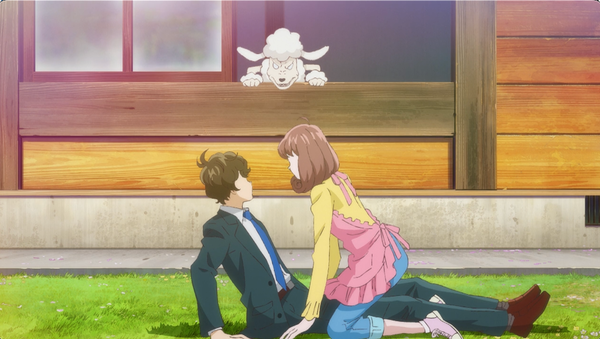 An anime screenshot of an angry poodle growling at a man and a woman