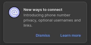 An in-app notification that I can now connect to other Signal users via their usernames.