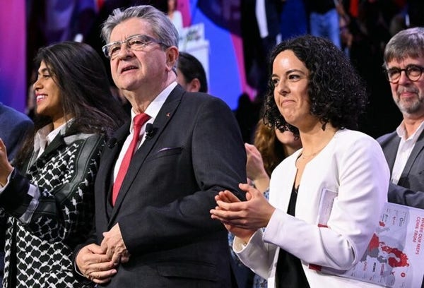 Rima Hassan, Jean-Luc Mélenchon et Manon Aubry lors de la « Convention de l'Union populaire » à Villepinte, le 16 mars 2024. © Photo Bertrand Guay / AFP