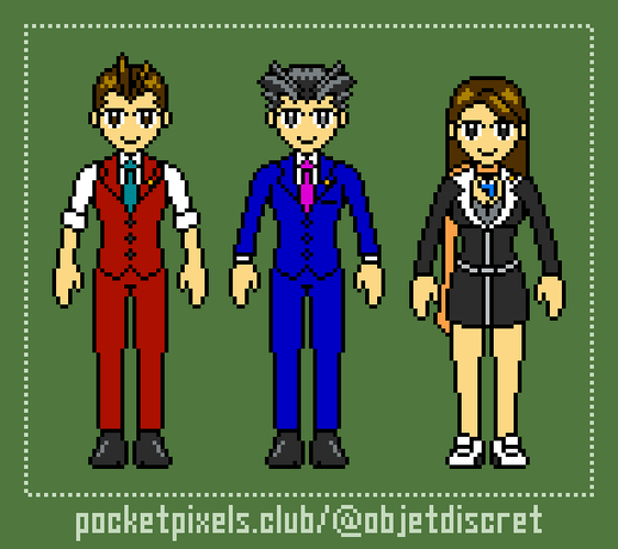 a pixel art illustration of three formally dressed lawyer characters (Apollo Justice, Phoenix Wright, and Mia Fey) from the Ace Attorney video game series