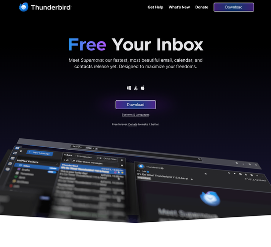 Screenshot of the https://www.thunderbird.net/ frontpage, looking like a generic modern website