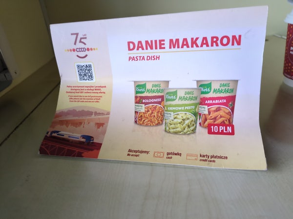 an ad for the Polish WARS on-board catering service, offering a "pasta dish" as they call it, showing three flavors of Knorr pasta noodles