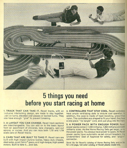 #VintageAd "5 things you need before you start racing at home" Four kids play on the sides of an enormous toy racetrack. The five things you need are apparently readily available from the manufacturer of said enormous racetrack. Imagine that. 