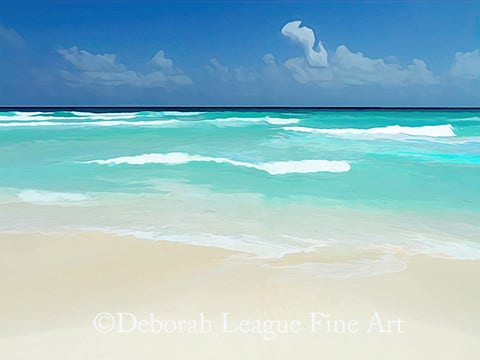 Contemporary abstract beach art drawn from time spent in Cancun, Mexico.  White sand, aqua water and waves, blue sky with clouds, landscape orientation, seascape. Perfect beachy image for your vacation home. Fits beautifully into most styles of home and decor. Excellent choice for the office.
