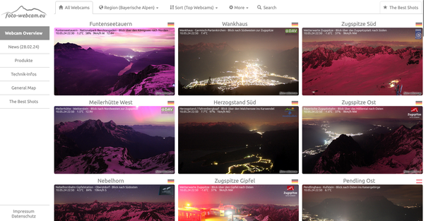 Screenshot of a website with different webcam views in Europe, showing mountainous landscapes bathed in a reddish/pinkish light.