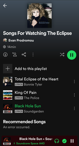 Spotify playlist with Total Eclipse of the Heart, King of Pain, and Black Hole Sun.