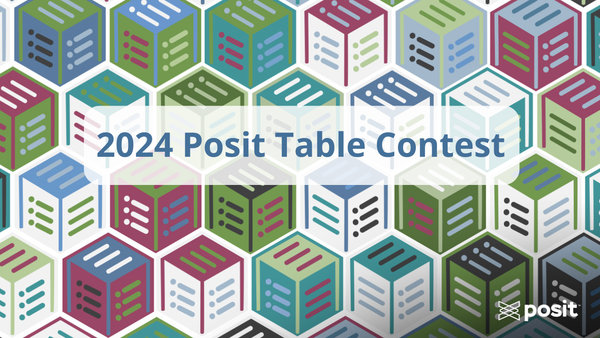 2024 Posit Table Contest. Background is made up of small boxes in different colors.