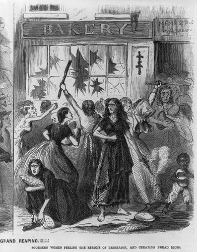 Bread riots in Richmond, Frank Leslie's Illustrated Newspaper, showing women with sticks, smashing the window of a bakery and making off with bread. By Unknown author - Frank Leslie&#039;s Illustrated Newspaper, Public Domain, https://commons.wikimedia.org/w/index.php?curid=1126647