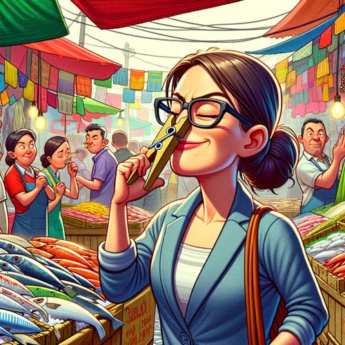 An illustration shows a woman at a fish market. She has a clothespin on her nose, keeping the strong odor of fish away.