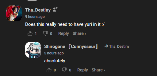 screenshot from Subsplease showing a comment by "tha_destiny" that says "Does this really need to have yuri in it :/" and somebody called "Shirogane" saying "absolutely"