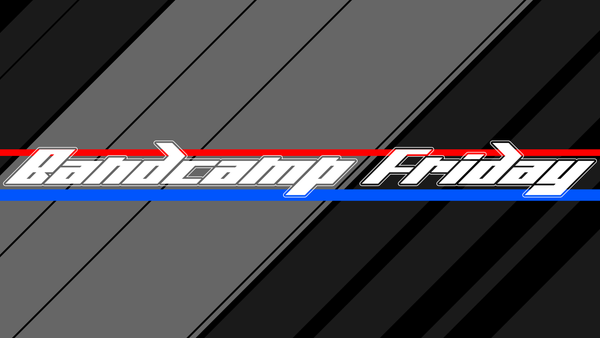 Vectorheart aesthetic style graphic design. It has stylized text in the middle that says "Bandcamp Friday", a red line behind and slightly above it and a blue line behind and slightly below it. In the background are 45 degree angle black and grey lines.