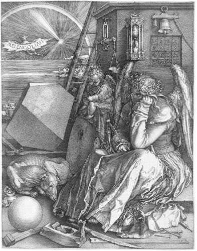 This is a copper engraving titled "Melencolia I" by Albrecht Dürer. Satre used this piece of art as his inspiration for his later novel 'Nausea'.

It depicts a seated angel-like woman, with large white wings protruding from her shoulders. The woman is dressed in a dress with a tight bodice, loose sleeves and a manifold heavy skirt. There is some embroidery on the mid-section and the shoulders.

A wreath of leaves adorns her head, and yet she is looking forlorn. Her head rests on her left arm, which rests on her leg. Her right hand holds a staff.

Her gaze is gloomy and focused on the distance. She is the personification of melancolia.

In the background sits a small angel, an infant, likewise staring at the ground in thought. They are both seated in front of a wall with many symbols. A scale for balance, an hourglass for the passage of time, a bell and a number riddle.

There is also a ladder, an unsymmetric cube, a starving cow, a ball and whittling equipment on the ground around them.

In the far distance is a rainbow.