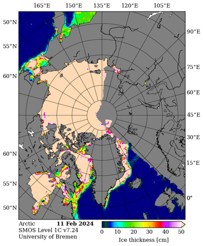 Map of Arctic thin ice thickness, with large gray areas between 0° E and 135°E